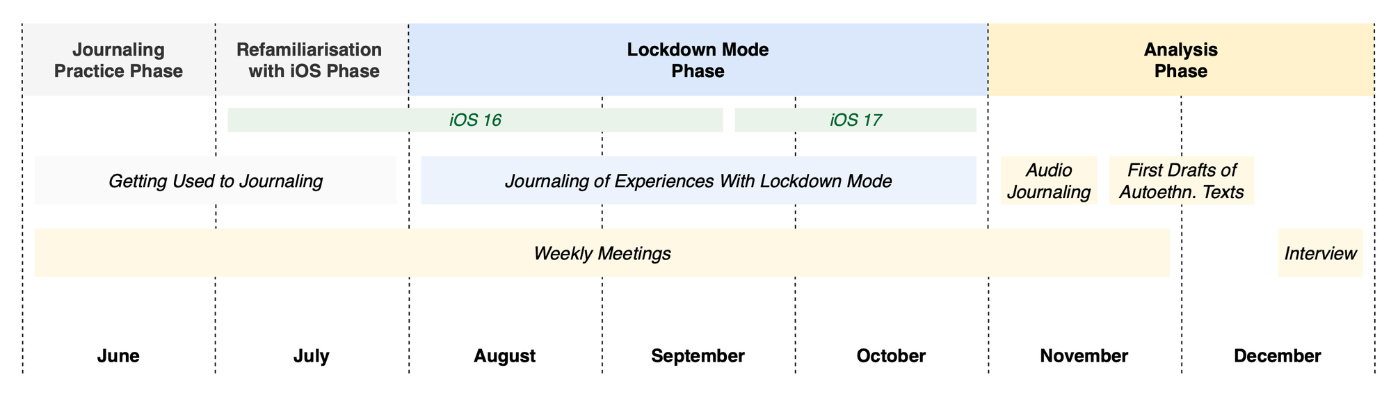 A timeline of the researcher's journalling during lockdown mode testing