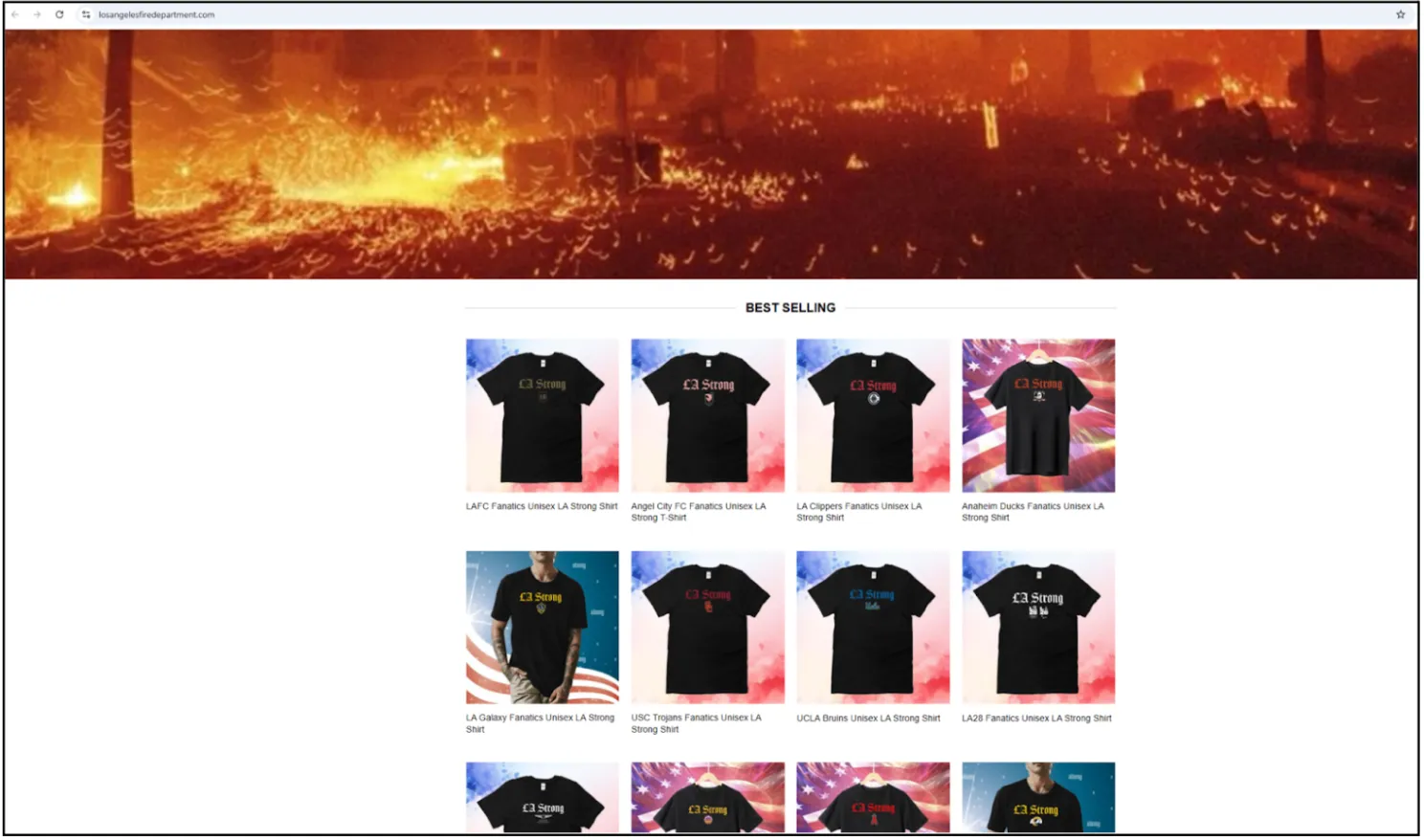 This is alleged to be a fake apparel and merchandise shop using the name of the LA Fire Department to mislead