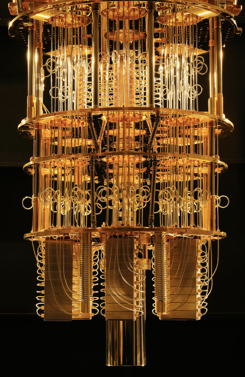 An IBM quantum dilution refrigerator that is used to keep qubits extremely temperatures