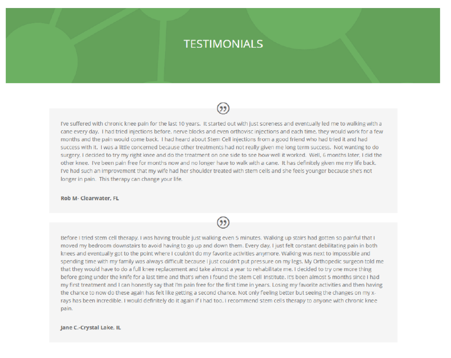 Testimonials from stem cell therapy patients