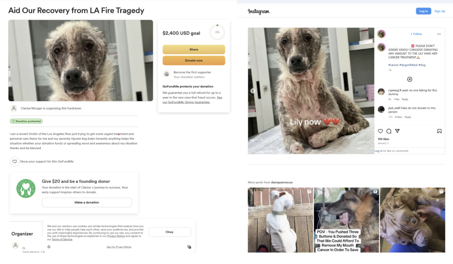 A fire-related fundraising page (left) allegedly used images from a previous campaign (right)