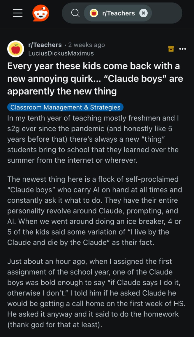 The "Reddit post" that first told the story of the AI-addicted Claude Boys