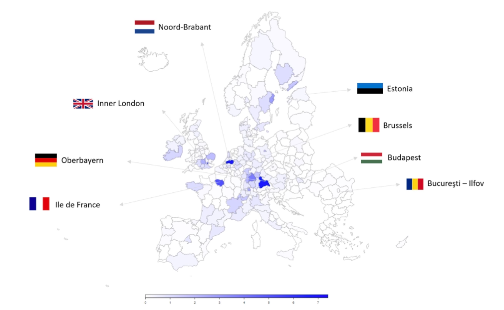 The share of AI patents in European regions