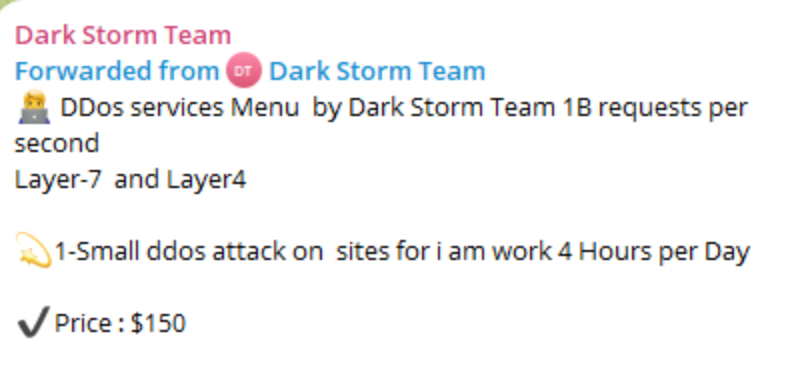 "Dark Storm Team advertising that its DDoS platform can make one billion layer 4 and 7 requests per second (RPS)," Field Effect claimed