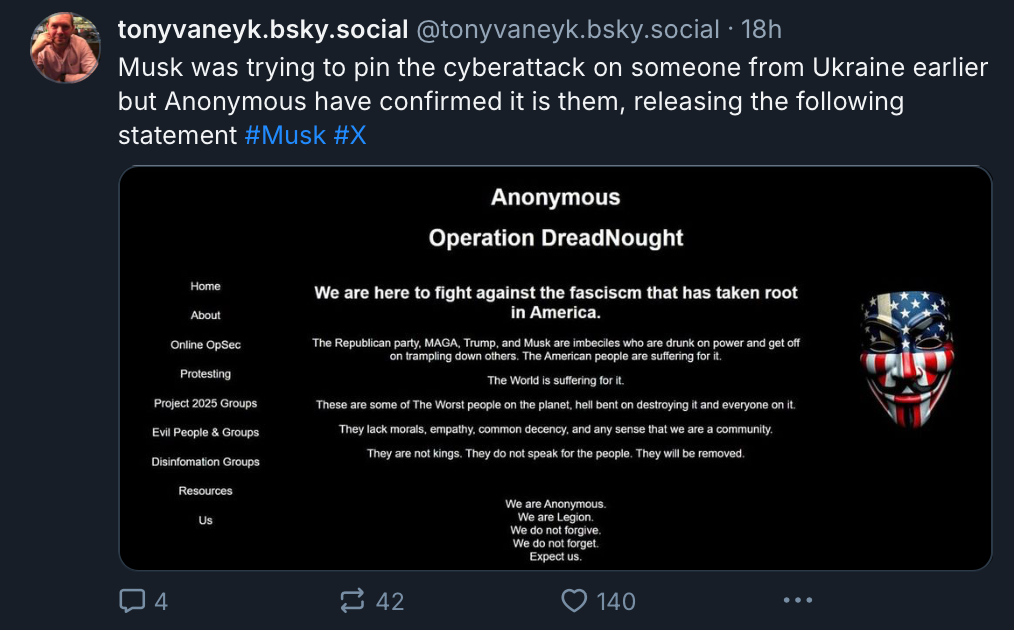 A Blue Sky post sharing details of an Anonymous anti-Trump campaign (which we do not believe has actually taken responsibility for the attack)