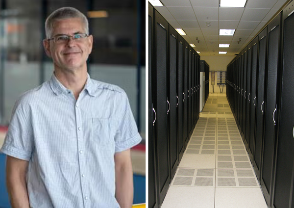 Computer science professor Martin Karsten and a picture of a data centre (Image: Robert.Harker, Wikimedia)