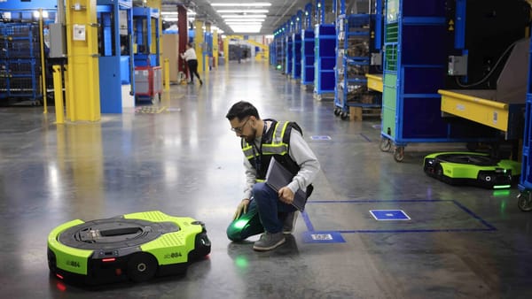 An Amazon worker meets a robotic colleague that is absolutely not part of a plan to put him out of work