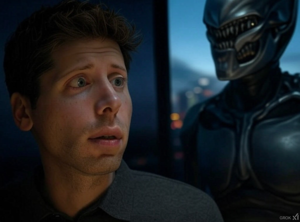 Grok's depiction of OpenAI founder Sam Altman encountering a hungry AI shoggoth 