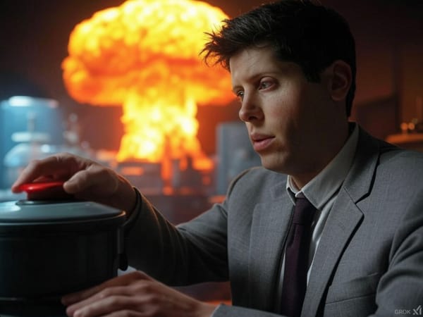 Grok's depiction of OpenAI boss Sam Altman triggering p(doom) via a huge nuclear weapon