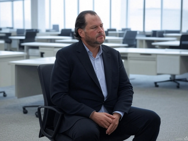 Grok's vision of Marc Benioff posing pensively in the human-free office of the future 