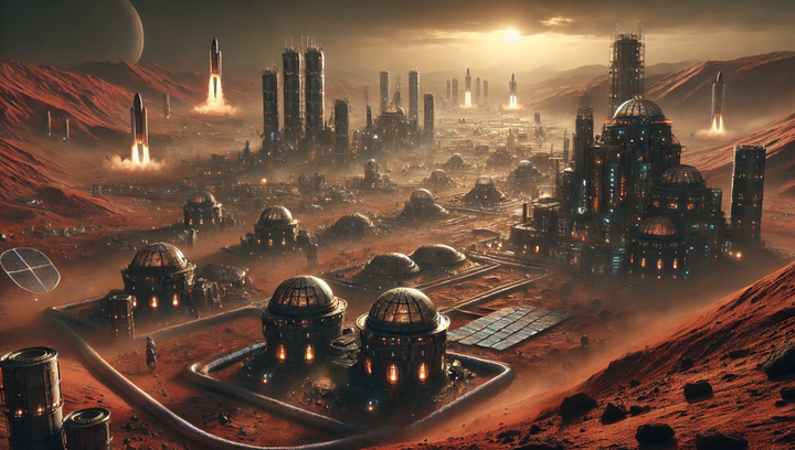 An AI-generated depiction of a Martian city of the type Elon Musk hopes to create